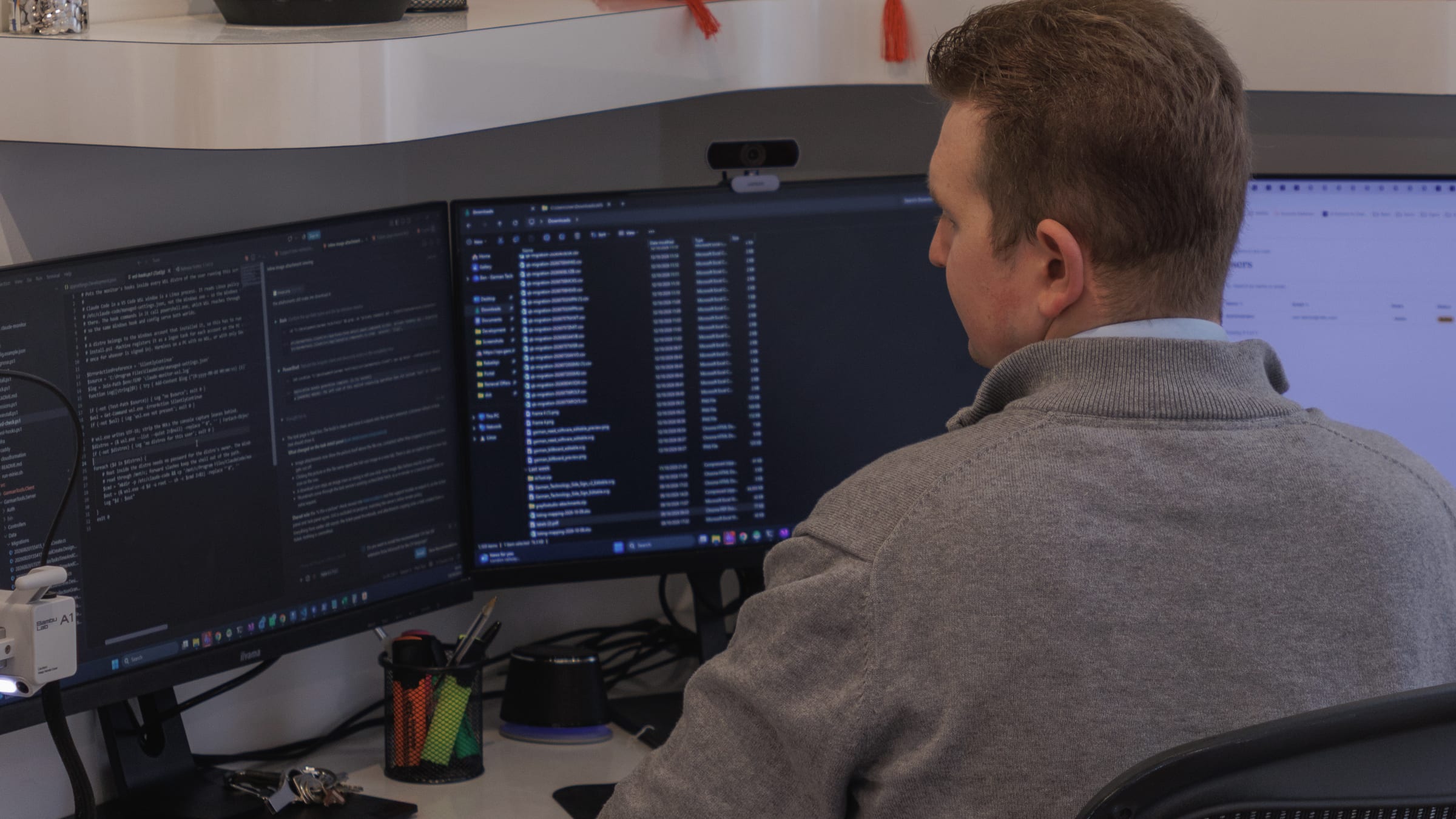 And behind it, Ben, who founded the company and still writes code every week. Our office in Inkberrow, Worcestershire.
