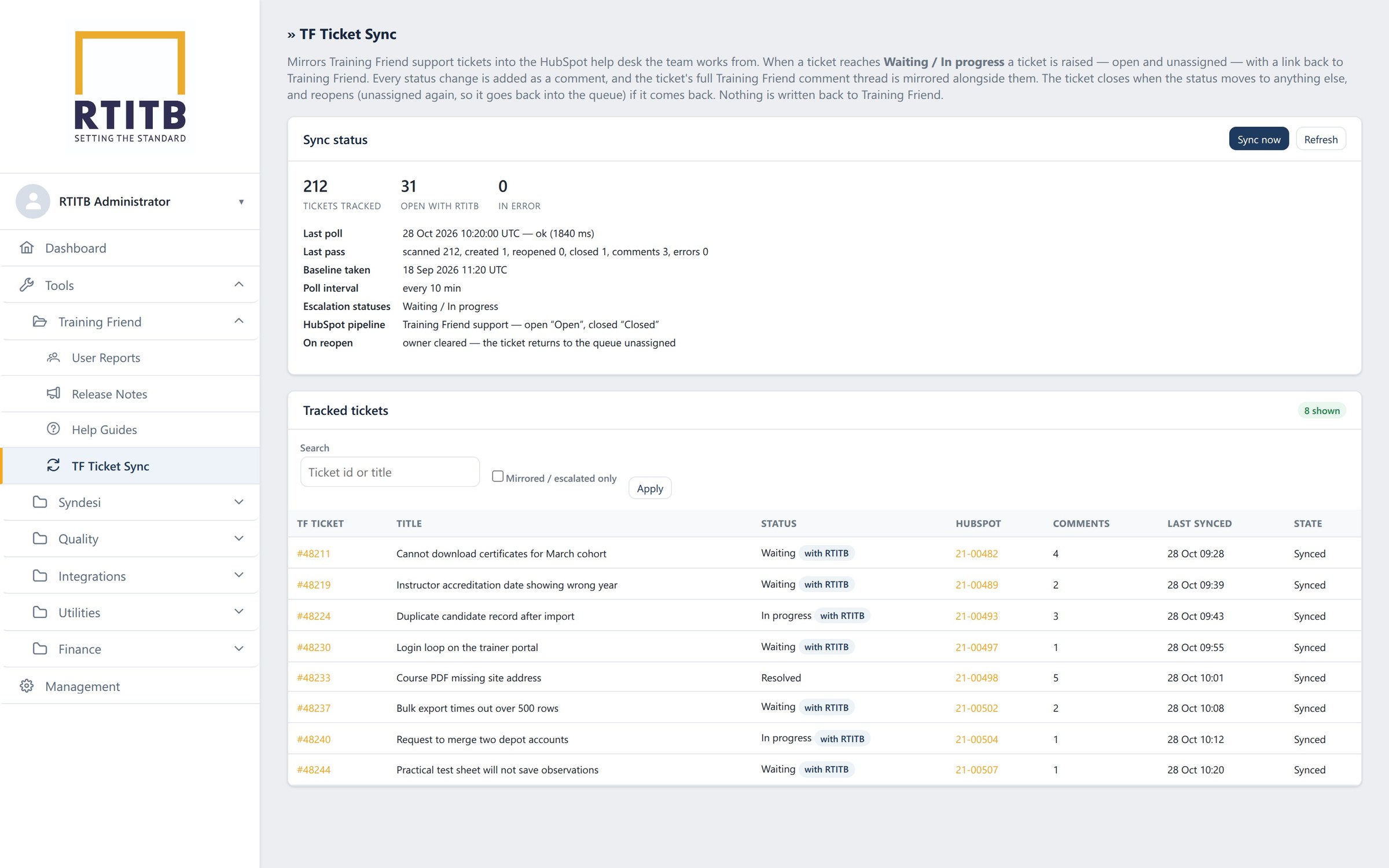 RTITB: training friend tickets mirrored into hubspot