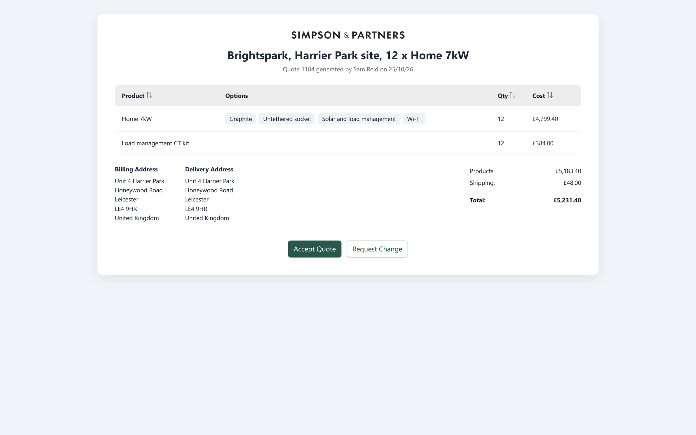Simpson & Partners: quote as the customer sees it