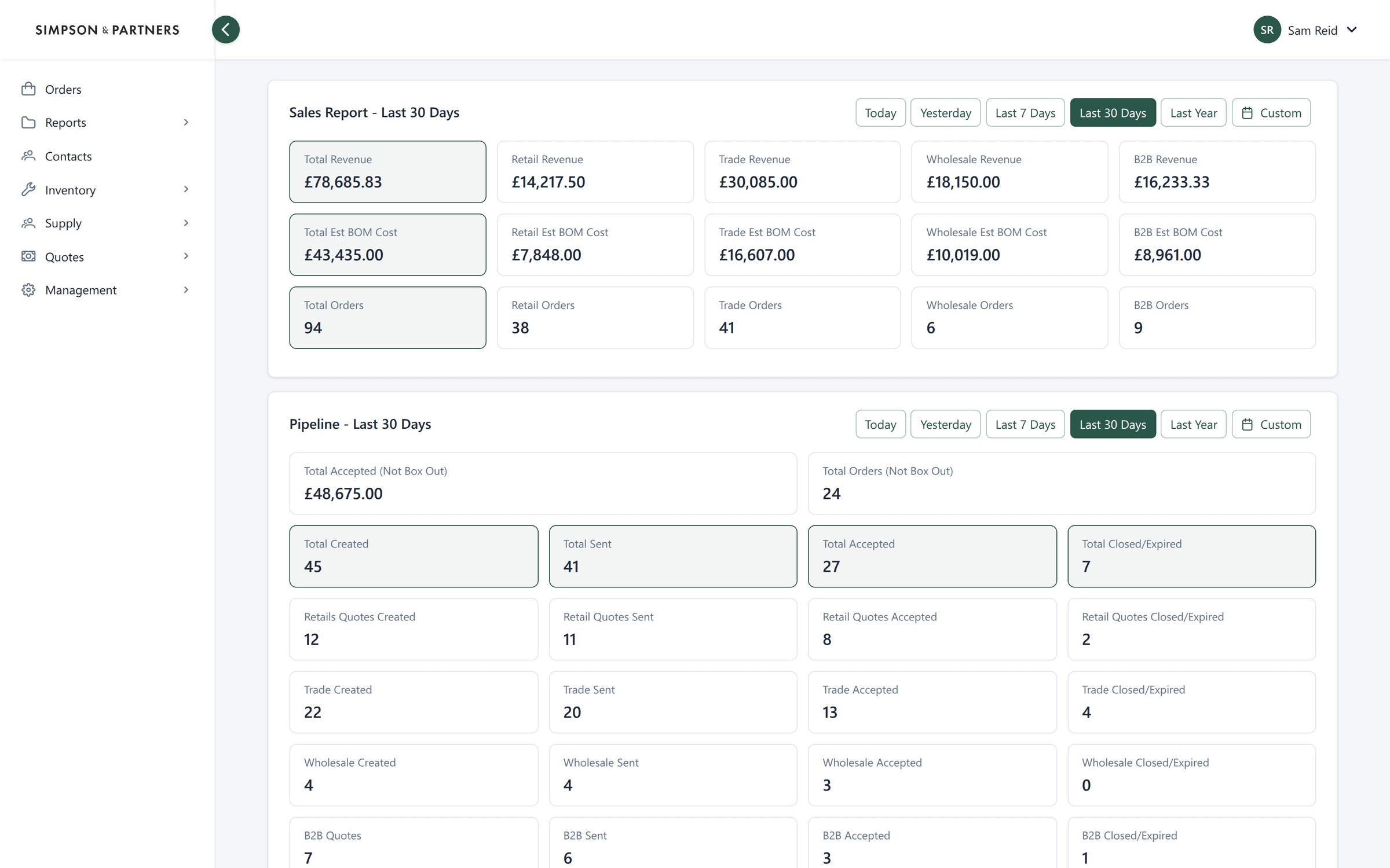 Simpson & Partners: sales and quote pipeline at a glance